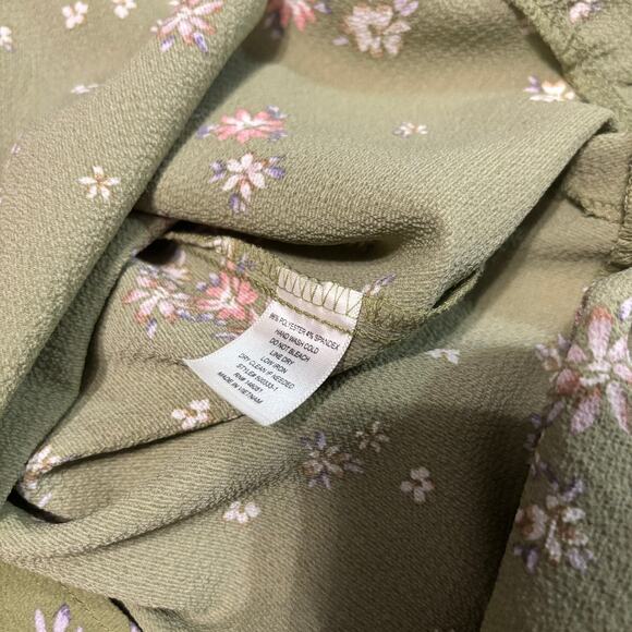 Monteau Floral Midi Dress L Green Button Front Belted Cottagecore Prairie - Picture 6 of 6